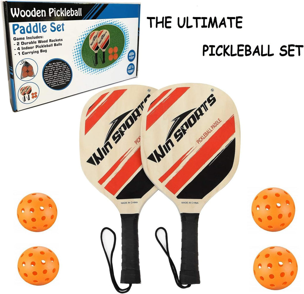 Wooden Pickleball Paddles Set 2 -  Beginner Racket,Pickle Ball Paddles with 2 Paddles,4 Balls and 1 Carry Bag,Durable and Classic (Choose Black and Wooden Version)