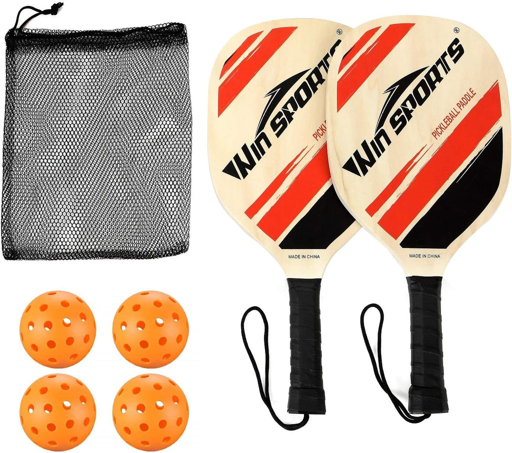 Wooden Pickleball Paddles Set 2 -  Beginner Racket,Pickle Ball Paddles with 2 Paddles,4 Balls and 1 Carry Bag,Durable and Classic (Choose Black and Wooden Version)
